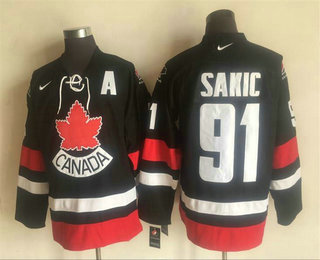 Men's 2002 Team Canada #91 Joe Sakic Black Nike Olympic Throwback Stitched Hockey Jersey