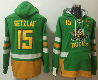 Men's Anaheim Ducks #15 Ryan Getzlaf Green Pocket Stitched NHL Old Time Hockey Pullover Hoodie