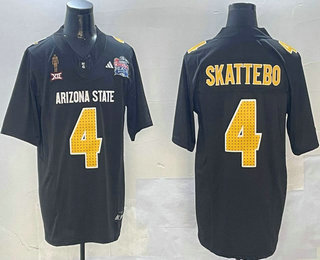 Men's Arizona State Sun Devils #4 Cam Skattebo 2024 FUSE Black Pat Tillman Peach Bowl Patch Vapor Limited Stitched Jersey