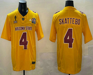Men's Arizona State Sun Devils #4 Cam Skattebo 2024 FUSE Gold Pat Tillman Peach Bowl Patch Vapor Limited Stitched Jersey