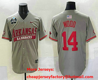 Men's Arkansas Razorbacks #14 Gage Wood Grey 2025 World Series Stitched Jersey
