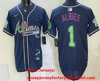Men's Atlanta Braves #1 Ozzie Albies Navy Galaxy With Outkast Patch Vapor Limited Stitched Jersey