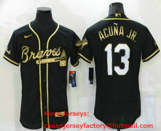 Men's Atlanta Braves #13 Ronald Acuna Jr Black 2021 Golden Edition Stitched Flex Base Nike Jersey