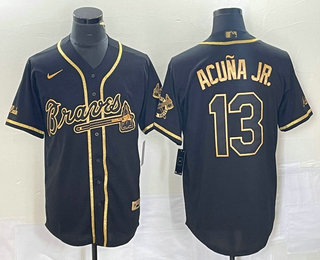 Men's Atlanta Braves #13 Ronald Acuna Jr Black Gold Cool Base Stitched Baseball Jersey