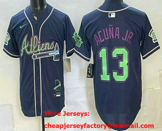 Men's Atlanta Braves #13 Ronald Acuna Jr Navy Galaxy With Outkast Patch Vapor Limited Stitched Jersey