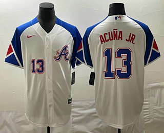 Men's Atlanta Braves #13 Ronald Acuna Jr Number White 2023 City Connect Cool Base Stitched Jersey 01