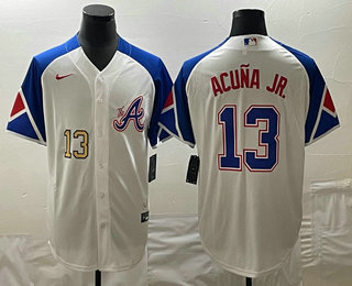 Men's Atlanta Braves #13 Ronald Acuna Jr Number White 2023 City Connect Cool Base Stitched Jersey 03