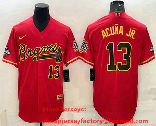 Men's Atlanta Braves #13 Ronald Acuna Jr Red Gold World Series Champions Program Cool Base Stitched Baseball Jersey