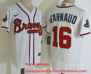 Men's Atlanta Braves #16 Travis dArnaud 2022 White Gold World Series Champions Program Cool Base Stitched Baseball Jersey