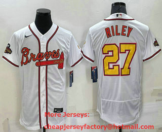 Men's Atlanta Braves #27 Austin Riley White Gold 2021 World Series Champions Stitched MLB Flex Base Jersey