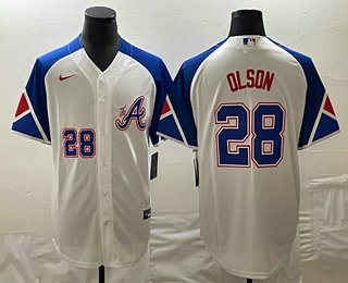 Men's Atlanta Braves #28 Matt Olson Number White 2023 City Connect Cool Base Stitched Jersey 01