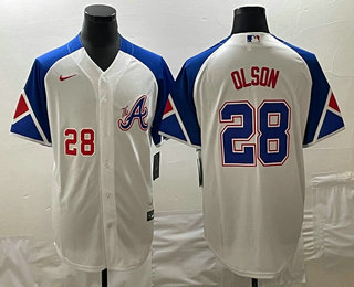 Men's Atlanta Braves #28 Matt Olson Number White 2023 City Connect Cool Base Stitched Jersey 03