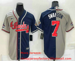 Men's Atlanta Braves #7 Dansby Swanson Grey Navy Blue Two Tone Stitched Nike Jersey