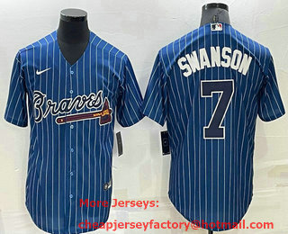 Men's Atlanta Braves #7 Dansby Swanson Navy Blue Pinstripe Stitched MLB Cool Base Nike Jersey
