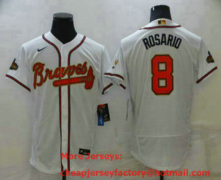 Men's Atlanta Braves #8 Eddie Rosario 2022 White Gold World Series Champions Program Flex Base Stitched Baseball Jersey