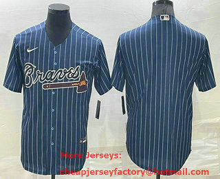 Men's Atlanta Braves Blank Navy Blue Pinstripe Stitched MLB Cool Base Nike Jersey