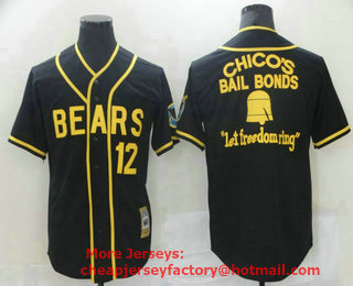 Men's Bad News BEARS Movie Chicos Bail Bonds Retro #12 Button Down Black Stitched Baseball Jersey