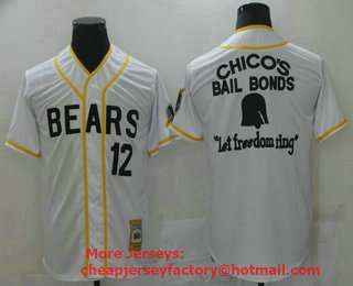 Men's Bad News BEARS Movie Chicos Bail Bonds Retro #12 Button Down White Stitched Baseball Jersey
