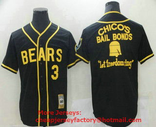 Men's Bad News BEARS Movie Chicos Bail Bonds Retro #3 Button Down Black Stitched Baseball Jersey