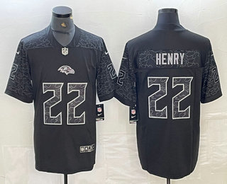 Men's Baltimore Ravens #22 Derrick Henry Black Reflective With Patch Cool Base Stitched Baseball Jersey