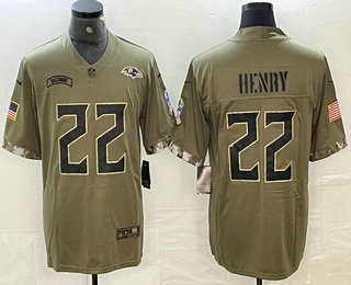 Men's Baltimore Ravens #22 Derrick Henry Olive 2022 Salute To Service Limited Stitched Jersey