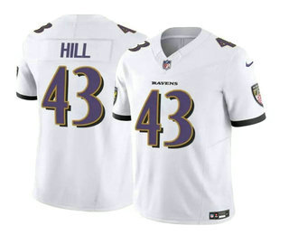 Men's Baltimore Ravens #43 Justice Hill White 2023 FUSE Vapor Limited Football Stitched Jersey