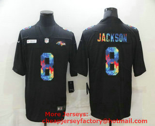 Men's Baltimore Ravens #8 Lamar Jackson Multi-Color Black 2020 NFL Crucial Catch Vapor Untouchable Nike Limited Jersey