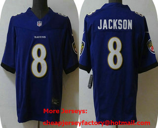 Men's Baltimore Ravens #8 Lamar Jackson Purple 2023 FUSE Vapor Limited Stitched Jersey