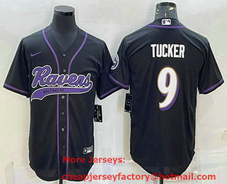 Men's Baltimore Ravens #9 Justin Tucker Black With Patch Cool Base Stitched Baseball Jersey