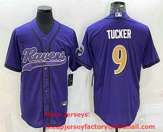 Men's Baltimore Ravens #9 Justin Tucker Purple Gold With Patch Cool Base Stitched Baseball Jersey