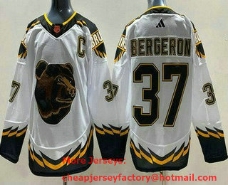 Men's Boston Bruins #37 Patrice Bergeron White 2022 Reverse Retro Authentic Jersey