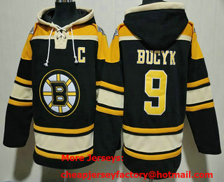 Men's Boston Bruins #9 Johnny Bucyk Black Ageless Must Have Lace Up Pullover Hoodie
