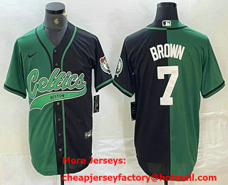 Men's Boston Celtics #7 Jaylen Brown Green Black Split Stitched Baseball Jersey