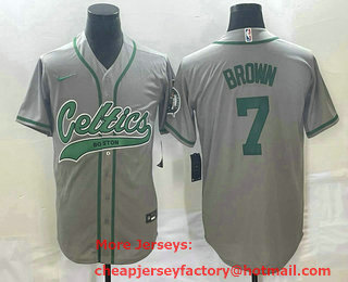 Men's Boston Celtics #7 Jaylen Brown Grey With Patch Stitched Baseball Jersey
