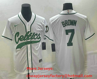 Men's Boston Celtics #7 Jaylen Brown White With Patch Stitched Baseball Jersey