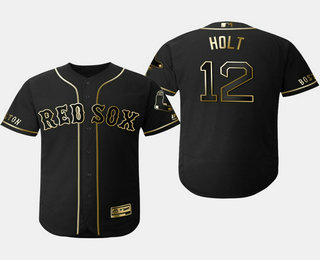 Men's Boston Red Sox #12 Brock Holt Black Gold Stitched MLB Flex Base Jersey
