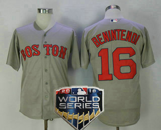 Men's Boston Red Sox #16 Andrew Benintendi Gray Road 2018 World Series Patch Stitched MLB Cool Base Jersey