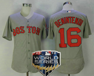 Men's Boston Red Sox #16 Andrew Benintendi Gray Road 2018 World Series Patch Stitched MLB Flex Base Jersey