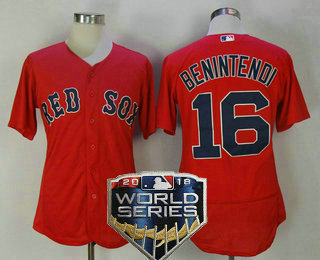 Men's Boston Red Sox #16 Andrew Benintendi Red Alternate 2018 World Series Patch Stitched MLB Flex Base Jersey