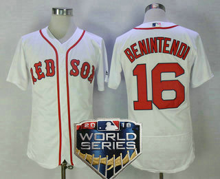 Men's Boston Red Sox #16 Andrew Benintendi White Home 2018 World Series Patch Stitched MLB Flex Base Jersey