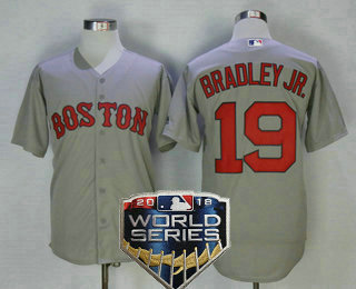 Men's Boston Red Sox #19 Jackie Bradley Jr. Gray Road 2018 World Series Patch Stitched MLB Cool Base Jersey