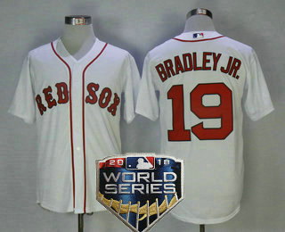 Men's Boston Red Sox #19 Jackie Bradley Jr. White Home 2018 World Series Patch Stitched MLB Cool Base Jersey