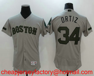Men's Boston Red Sox #34 David Ortiz Gray with Green Memorial Day Stitched MLB Flex Base Jersey