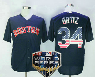 Men's Boston Red Sox #34 David Ortiz Navy Blue 2018 World Series Patch USA Flag Fashion MLB Baseball Jersey