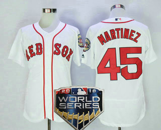 Men's Boston Red Sox #45 Pedro Martinez Retired White Stitched MLB 2018 World Series Patch Flex Base Jersey