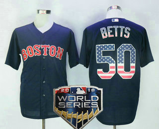 Men's Boston Red Sox #50 Mookie Betts Navy Blue 2018 World Series Patch Stitched MLB USA Flag Fashion Jersey