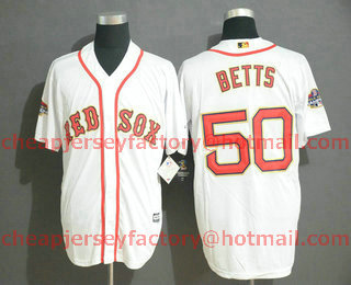 Men's Boston Red Sox #50 Mookie Betts White With Gold Program 2018 MLB World Series Champions Patch Stitched MLB Cool Base Jersey