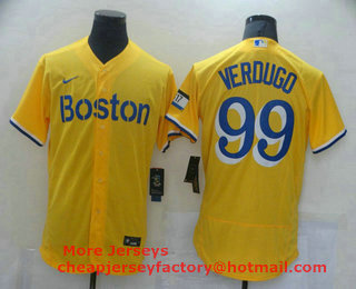 Men's Boston Red Sox #99 Alex Verdugo Gold 2021 City Connect Stitched MLB Flex Base Nike Jersey