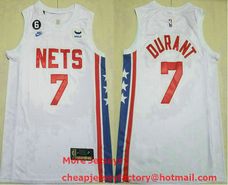 Men's Brooklyn Nets #7 Kevin Durant White With 6 Patch Sponsor Nike Swingman Throwback Jersey