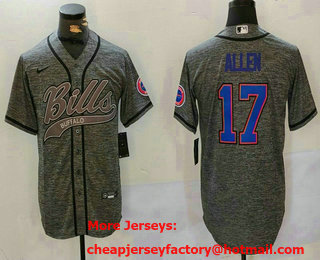 Men's Buffalo Bills #17 Josh Allen Grey Gridiron With Patch Cool Base Stitched Baseball Jersey